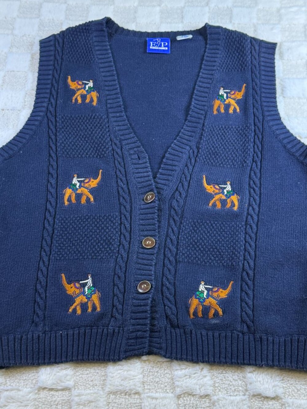 Vintage EP Pro Golf Vest Medium M Navy Blue Embroidered Elephant Cable Knit Cott
